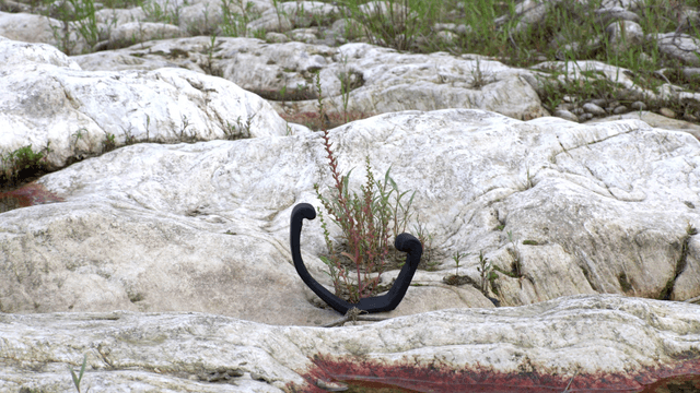 Black anchor-shaped wooden sculpture on rocky terrain