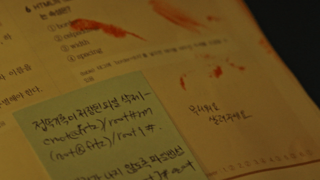 Blood and rescue request message on a book