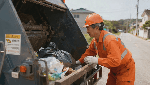 Sanitation worker collecting trash on a clear day street