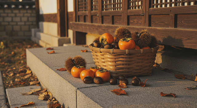 Basket of persimmons and chestnuts on a porch