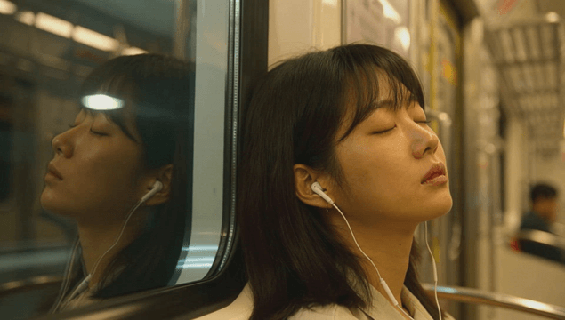 Young woman sleeping with earphones on subway seat
