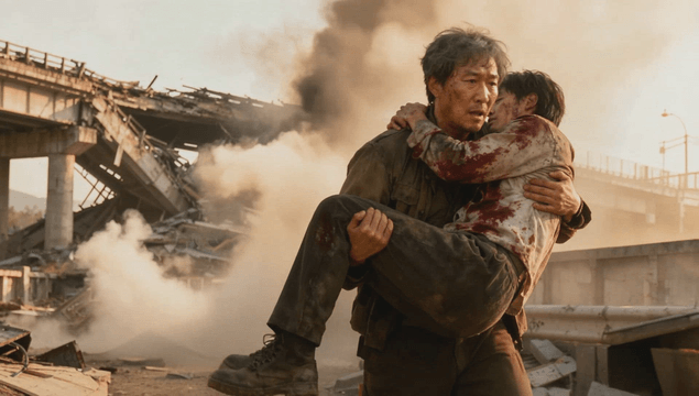 Man carrying an injured person near a collapsed bridge