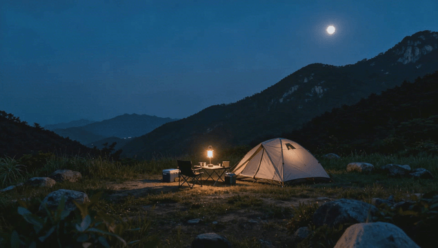 Camping site under moonlight in the mountains