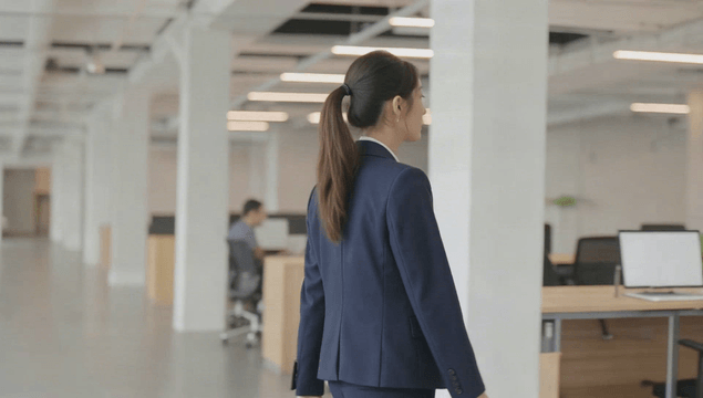 Woman walking confidently in an office