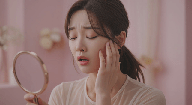 거울로 피부를 살펴보는 여성