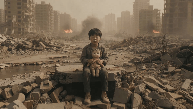 Child holding a doll amidst ruins