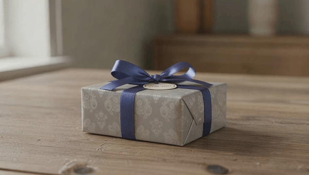 나무 테이블 위에 깔끔하게 포장된 선물 상자