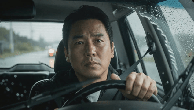 Man driving in the rain with a focused expression