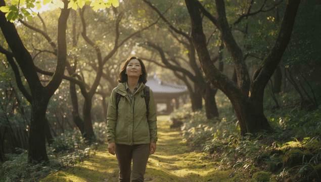 Walking along a quiet forest path