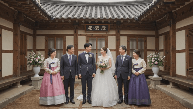 Families of the bride and groom standing in a hanok courtyard