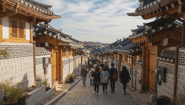 People strolling through a traditional hanok village street in autumn