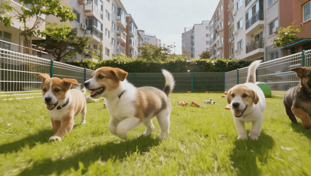 Dogs playing in a sunny urban yard