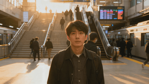 Young man in crowded subway station at sunset