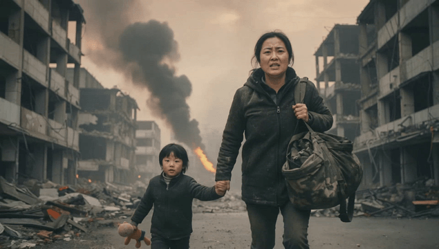 Mother and child escaping a ruined town