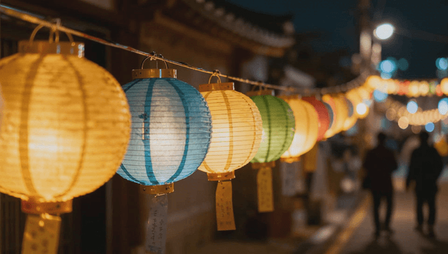 밤 거리의 다채로운 줄지어진 둥근 등불들