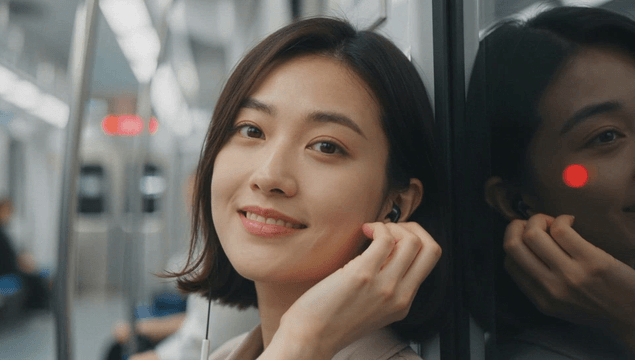Female commuter enjoying music with wired earphones in the subway