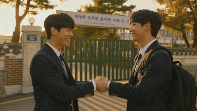Two students shaking hands at school gate