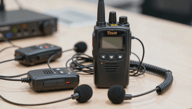 Walkie-talkie and microphone on table