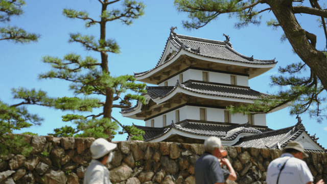 Traditional Japanese castle with tourists