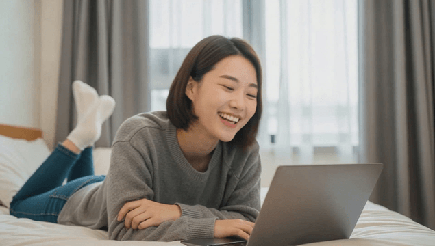 Young woman smiling while using a laptop on a bed in a bedroom