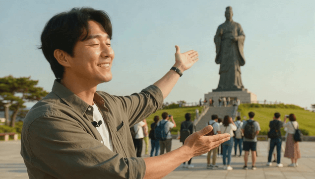 Man introducing a large monument