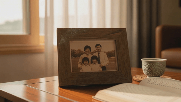 Old family photo on a wooden table