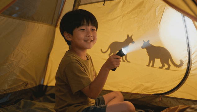 Boy playing with a flashlight inside a tent