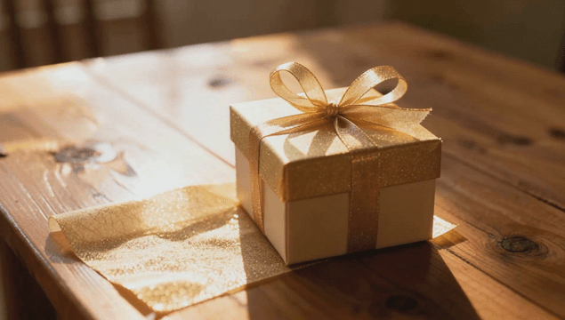 나무 테이블 위의 황금 선물 상자