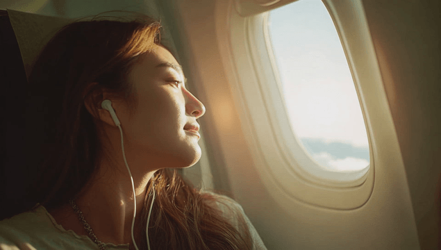 Woman enjoying a flight with sunlight