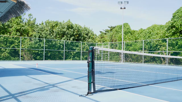 Empty tennis court surrounded by greenery