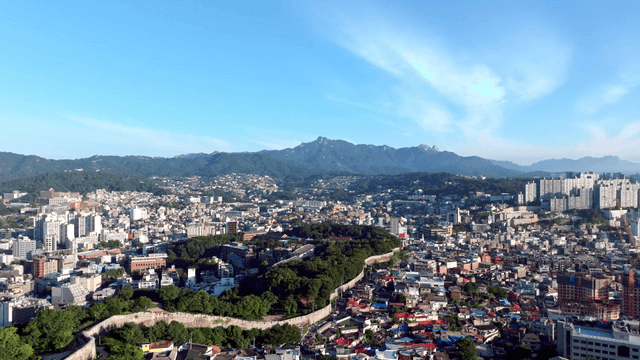 Sprawling city with distant mountains