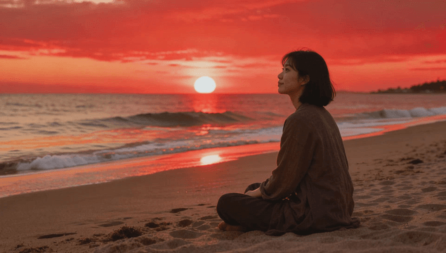 Young woman smiling at sunrise on beach