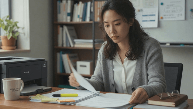Woman reviewing documents at a desk