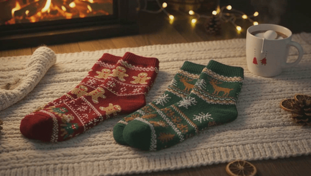 벽난로 옆 아늑한 크리스마스 양말