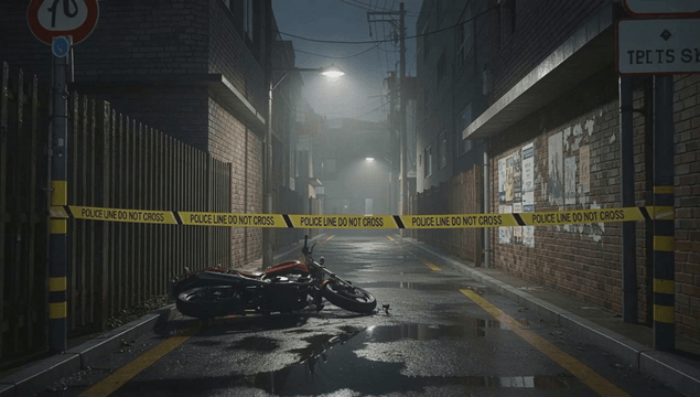 Rainy alley with police tape and a fallen motorcycle