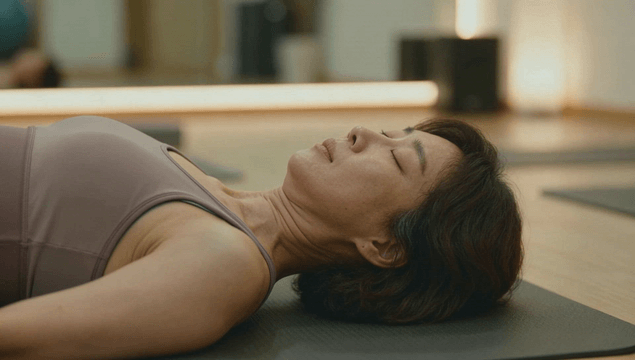 Woman taking a deep breath during a yoga session