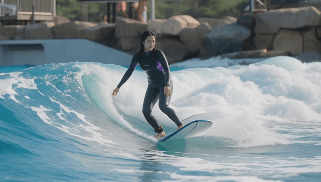 Female surfer on artificial wave