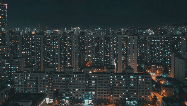 Night view of a city with tall buildings