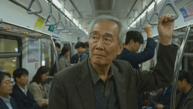 Elderly man holding a strap and looking around in the subway