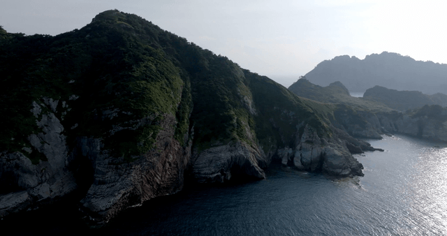 Lush green island with rocky cliffs