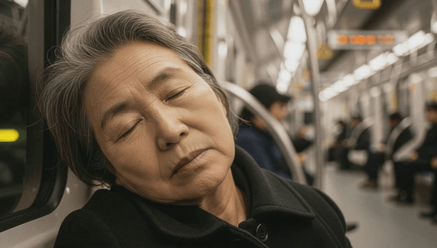 Elderly woman asleep in subway