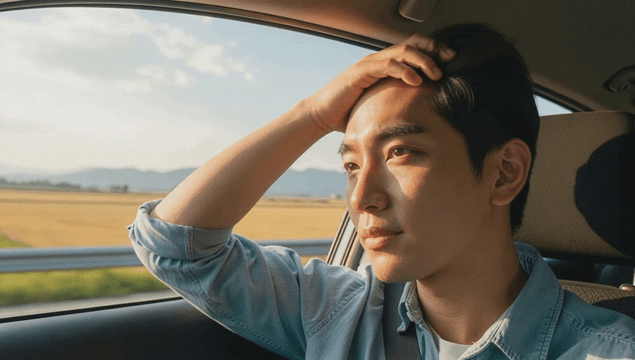 Man enjoying the countryside view from a moving car