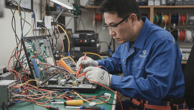 Technician repairing electronic device circuits