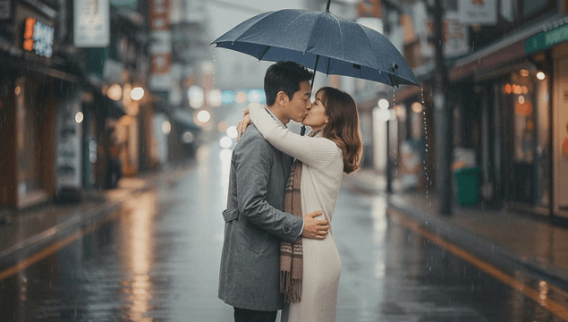 Couple kissing under shared umbrella on rainy roadside