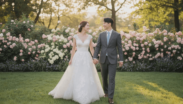 Groom and bride walking together along a garden path at an outdoor wedding venue