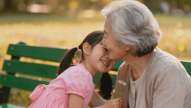Granddaughter giving daisies to her grandmother