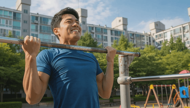 Young man doing pull-ups at apartment playground