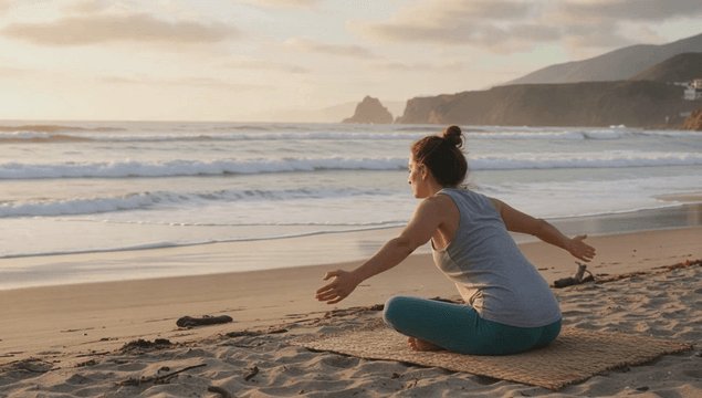 Woman practicing yoga on calm beach