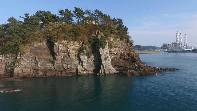 Rocky island with lush trees by the sea