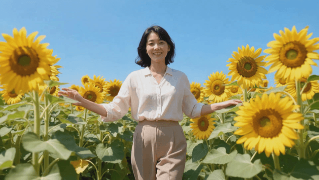 Woman smiling while walking forward through a sunflower field